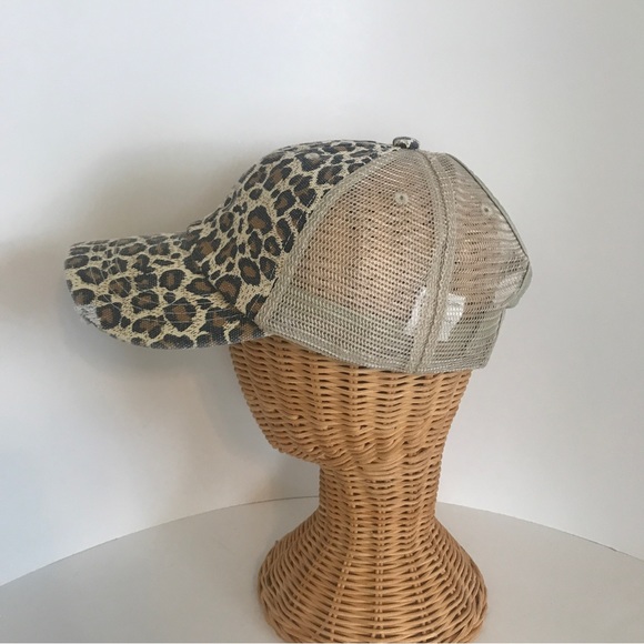 Distressed Canvas, Mesh Back Ponytail Hat Adjustable. Leopard Print New! - Picture 8 of 12